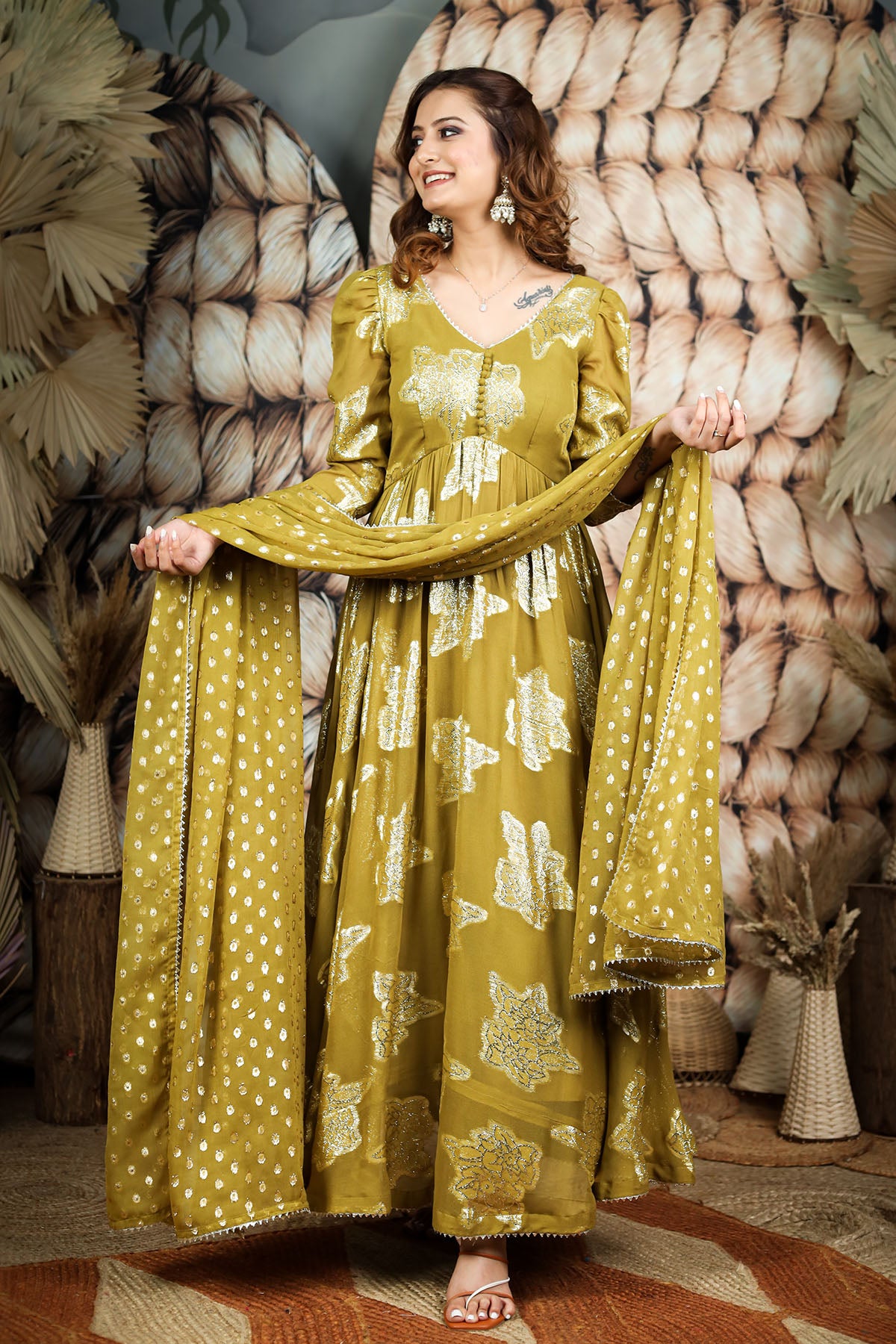 Olive Jeqcard Anarkali Dress BK610N