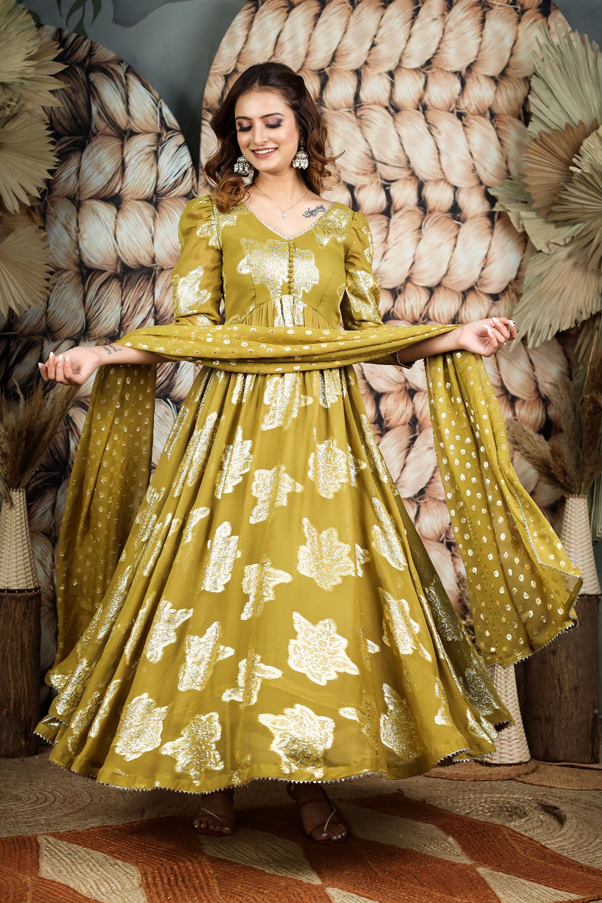 Olive Jeqcard Anarkali Dress BK610N