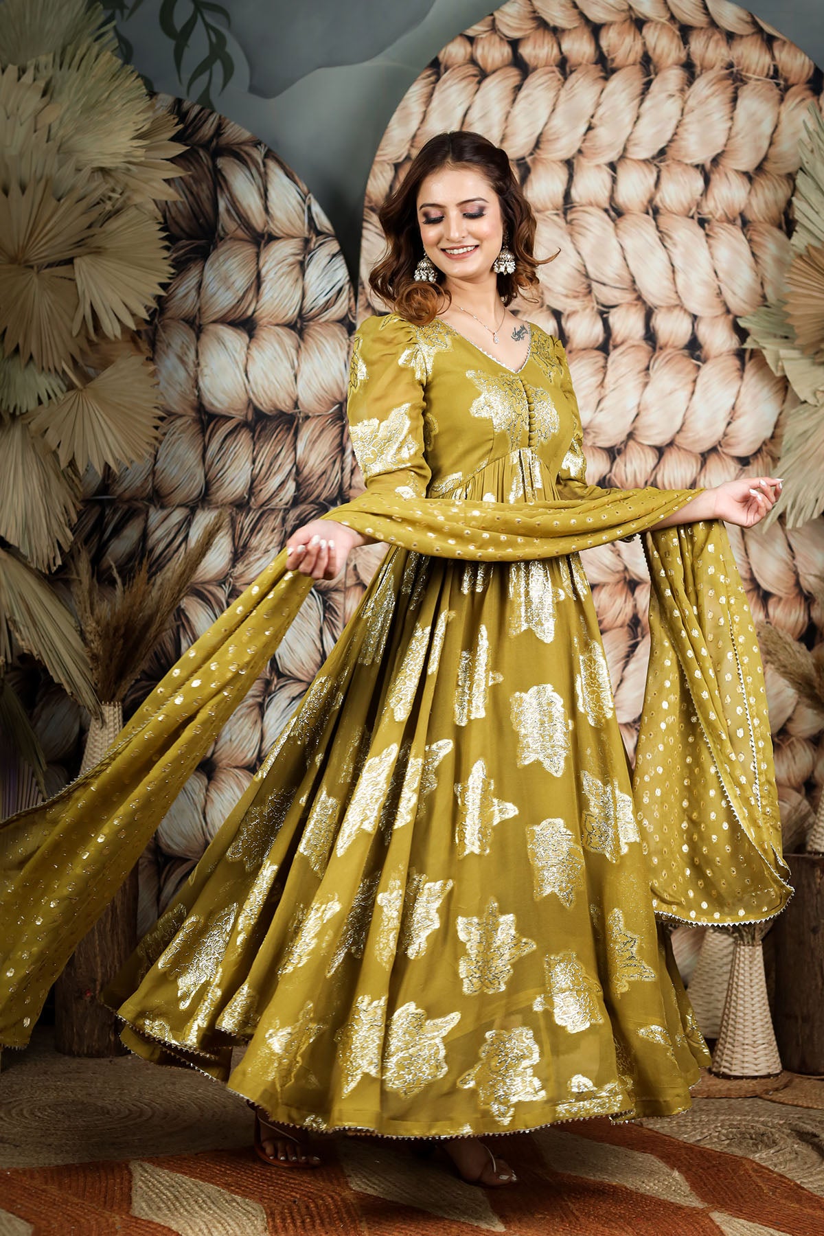 Olive Jeqcard Anarkali Dress BK610N