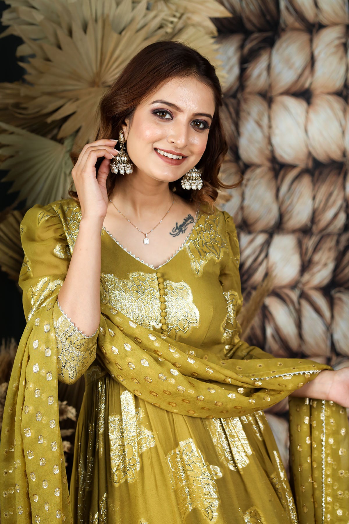 Olive Jeqcard Anarkali Dress BK610N